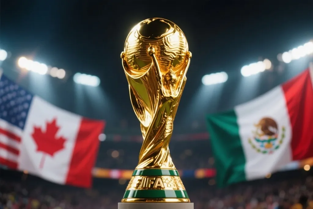 金色的FIFA世界杯大力神杯在聚光灯下闪耀