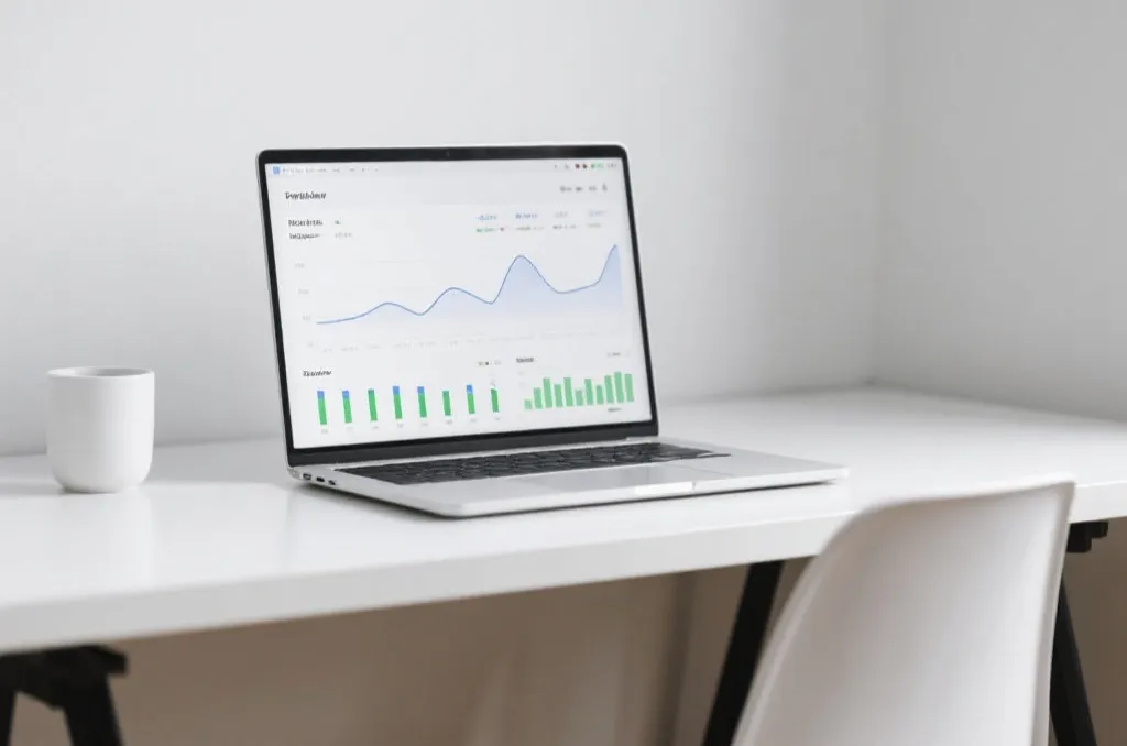 A modern desk setup with a laptop displaying clean data charts and security metrics